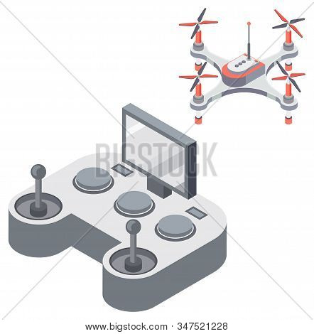 Drone With Remote Controller, Wireless Device With Propellers, Quadcopter Symbol, Aircraft With Remo