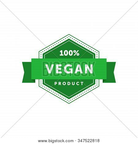 100 Percent Vegan Product Haxagonal Badge With Ribbon. Design Element For Packaging Design And Promo