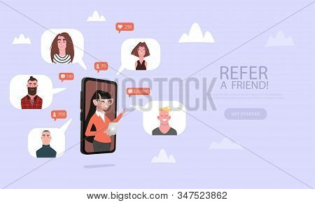 Refer A Friend Concept. We Are Hiring, Job Recruitment. People Holding A Phone With A List Of His Be