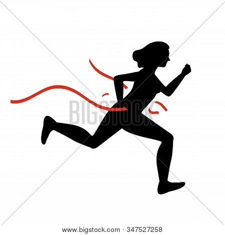 Black Silhouette Of Business Woman Running Crossing Red Ribbon At Finish, Concept Of Leadreship. Fla
