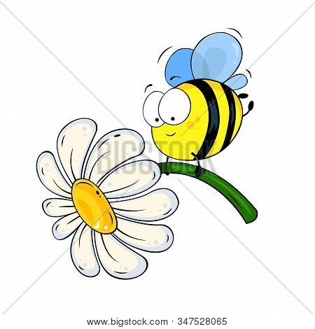 Cute Cartoon Bee With White Flower. Funny Illustration For Your Design.