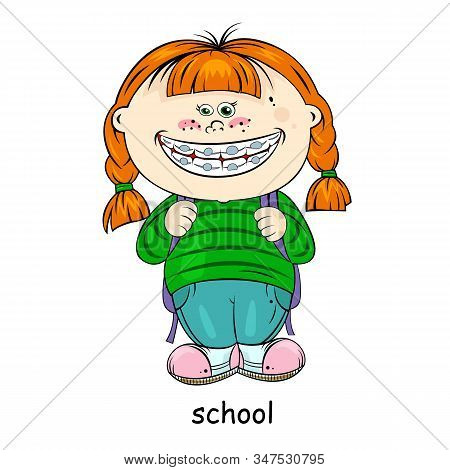 Cute Cartoon Baby Girl With Bag Goes To School. Beautiful Illustration For Your Design.