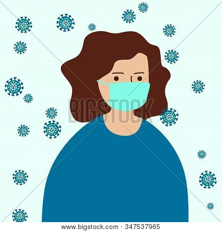 Girl Doctar In Medical Mask. Viruses Around. Vector Illustration.