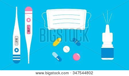 Vector Set, Collection Of Medical, Health Care Icons For Flu Diagnostic And Curing.