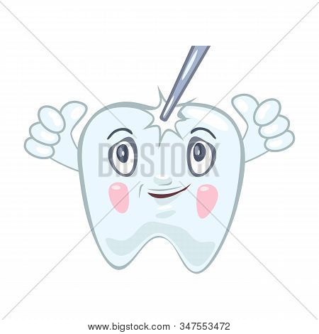 Joyful Cute Healthy Tooth Looking To Stomatological Instrument Which Touching Him And Showing Thumb 