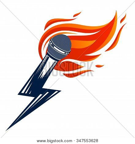 Microphone On Fire And Shape Of Lightning, Hot Mic In Flames And Bolt, Breaking News Concept, Rap Ba