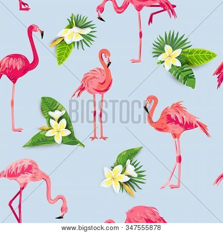 Pink Flamingos, Jungle Leaves And Tropical Flowers Plumeria Seamless Pattern. Vector Illustration.