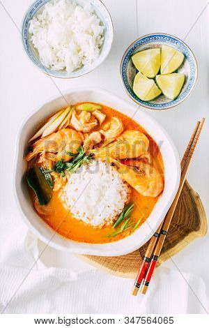 Tasty Tom Yam With Shrimp And Rice, Thai Soup, Close-up