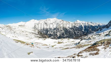 Spectacular Winter Mountain Panorama High In Austrian Alps.