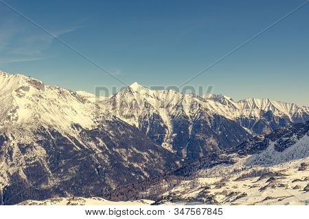 Spectacular Winter Mountain Panorama High In Austrian Alps.
