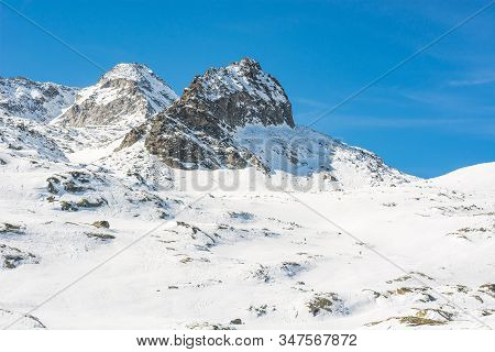 Spectacular Winter Mountain Panorama High In Austrian Alps.