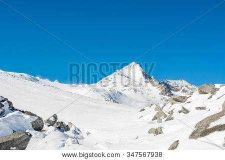 Spectacular Winter Mountain Panorama High In Austrian Alps.