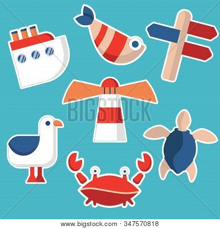 Set Of Marine Stickers. Cartoon Crab, Fish, Seagull, Lighthouse, Signpost, Ship And Turtle. Summer M