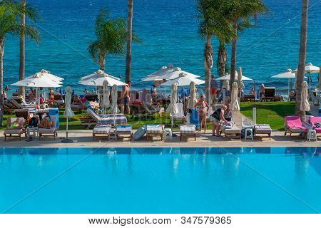 Protaras, Cyprus - Oct 12. 2019. Outdoor Swimming Pool In Constantinos The Great Beach Hotel.