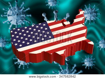 Coronavirus And Usa Flag, A Virus Pandemic Started In The Chinese City Of Wuhan And Is Spreading Acr