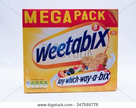 Uk, Jan 2020: Weetabix Breakfast Cereal Mega Pack Box Family Size On White Studio Background