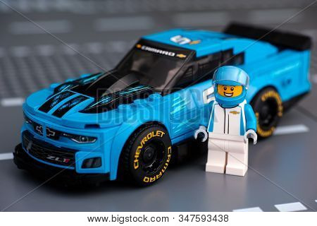 Tambov, Russian Federation - January 10, 2020 Lego Chevrolet Camaro Zl1 Race Car With Driver Minifig