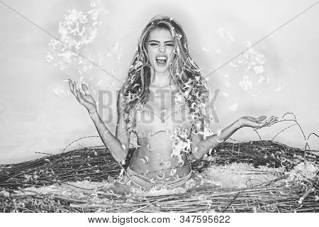 Angel Woman In Nest With Feather White. Beautiful Fairy Flying Girl In White Dress. Romantic Young B