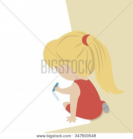 Little And Talented Girl Draws On A Large Whatman.