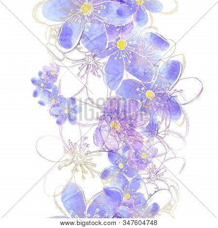 Seamless Pattern With Spring Forest Flowers Liverleaf. Sakura Or Apple Blossom. Mix-media Design. Di
