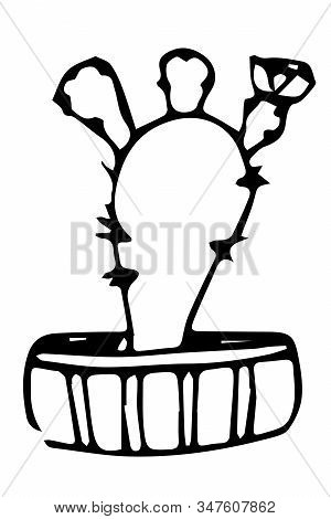 Cactus Flower In Pot, One Line Drawing, Ink Tehnique. Print With Exotic Plant.hand Drawn Illustratio