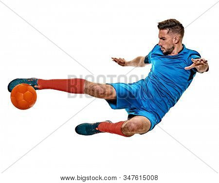 one caucasian youg soccer player man standing in studio isolated on white background