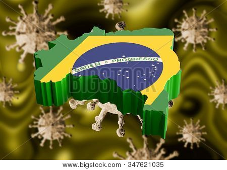 Coronavirus And Brazil Flag Map, A Virus Pandemic Started In The Chinese City Of Wuhan And Is Spread