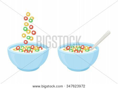 Cereal Breakfast, Healthy Food, Colorful Crisp Rings In Milk. Ceramic Bowl With Falling Sweet Flakes