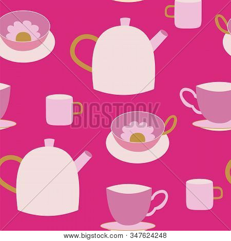 Cute Teapots And Teacups Pink Seamless Pattern.