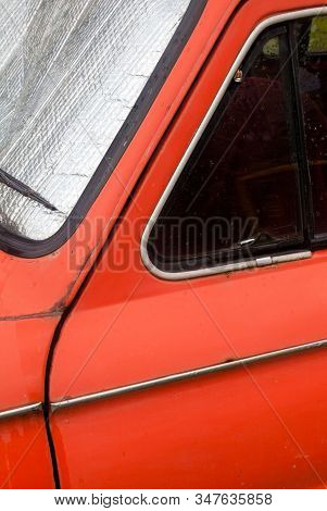 Old Car. Foil Sunshades On The Windshield (windscreen). Car Windshield Sun Shades. Sun Protection. C