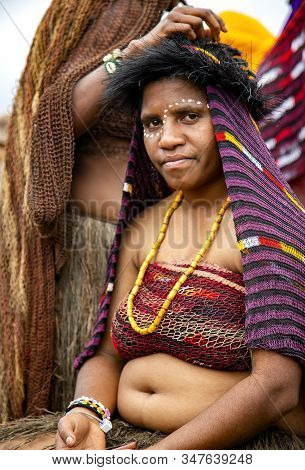 Indonesia, Papua New Guinea, Wamena, Irian Jaya, 20 August 2018: Portrait Of A Papuans Woman On Bali