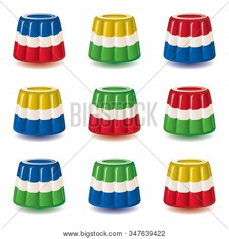 Vector Colorful Gelatin Jelly Or Pudding Assortment Isolated On White Background, Dessert Candy Jell