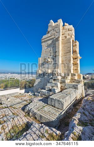 Monument Of Philopappos In Athens Greece On A Clear Blue Sky