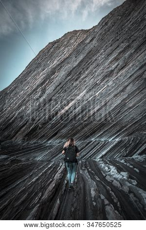 Deba, Gipuzkoa / Spain »; January 26, 2020: A Young Woman In The Geopark Of The Sakoneta Coast