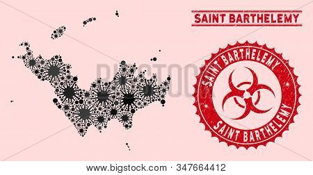 Coronavirus Collage Saint Barthelemy Map And Red Corroded Stamp Seals With Biohazard Symbol. Saint B