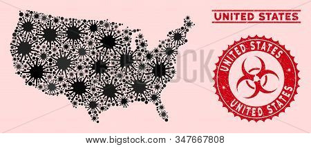 Coronavirus Collage United States Map And Red Distressed Stamp Seals With Biohazard Symbol. United S