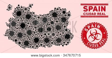 Coronavirus Collage Ciudad Real Province Map And Red Distressed Stamp Seals With Biohazard Symbol. C