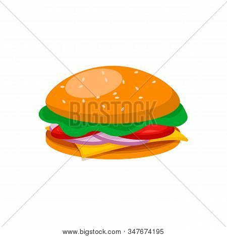 Burger With Beef, Cheese, Lettuce, Tomato, Cucumber And Onion In Flat Style.