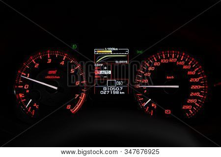 Novosibirsk, Russia - January 20, 2020:  Subaru Impreza Wrx Sti  ,dashboard Of The Car Is Illuminate