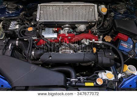 Novosibirsk, Russia - January 20, 2020:  Subaru Impreza Wrx Sti  , Closeup Of A Clean Motor Block, .