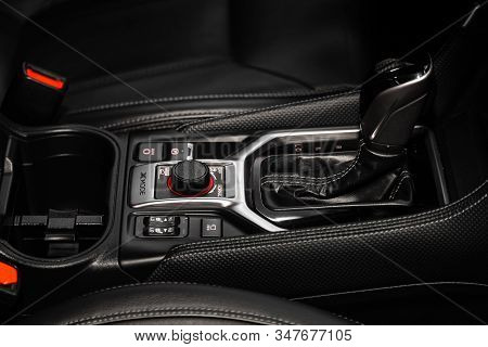 Novosibirsk, Russia - January 20, 2020:  Subaru Impreza Wrx Sti  , Close Up Of The Manual Gearbox Tr