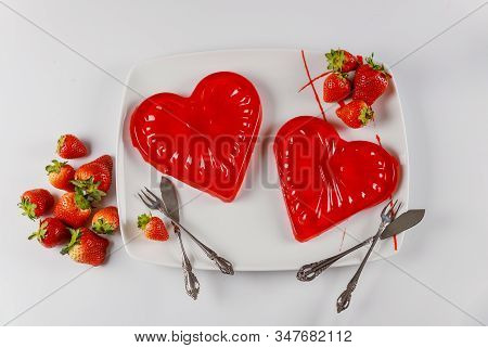 Sweet Gelatin Hearts Dessert In The White Dish With Fresh Strawberry. Valentines Day Concept.
