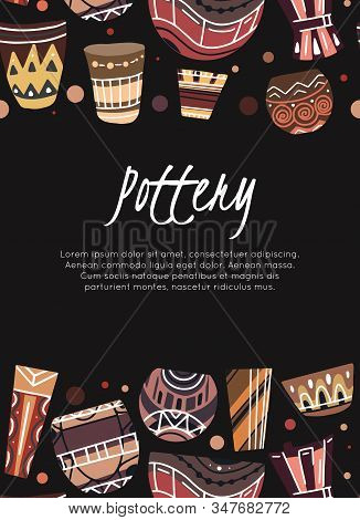 Pottery Lessons. Flat Clay Vases And Pots With A Boho Pattern And Place For Text On Dark Background.