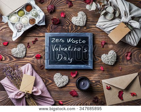 Zero Waste Valentines Day Concept. Eco-friendly Gift Cloth Wrapping In Furoshiki Style, Homemade Swe