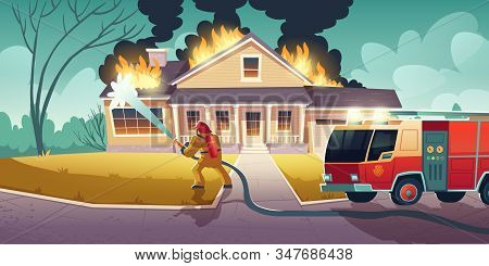 Fireman Extinguish Ignition In House. Firefighter Put Out Flame On Building Roof With Hose Water. Ve
