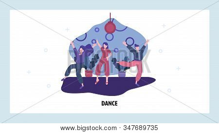 Three Girl Friends Dancing In A Room. Music Party And Disco Concept. Vector Web Site Design Template
