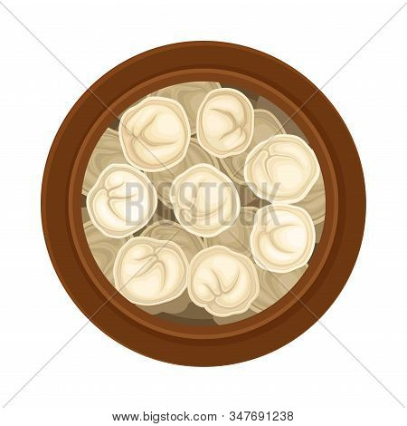 Stuffed Dumplings Floating In Pot With Bouillon Top View Vector Illustration