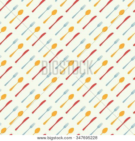 Cutlery Icon Seamless Pattern. Fork, Knife, Spoon Silhouettes And Contours. Texture For Menu. Vector