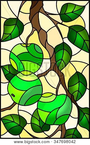 Illustration In The Style Of A Stained Glass Window With The Branches Of Apple Trees , The Fruit Bra