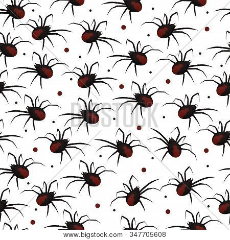 Vector Seamless Pattern With Redback Spider And Dots.